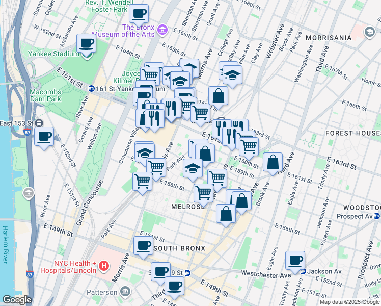 map of restaurants, bars, coffee shops, grocery stores, and more near 3140 Park Avenue in The Bronx