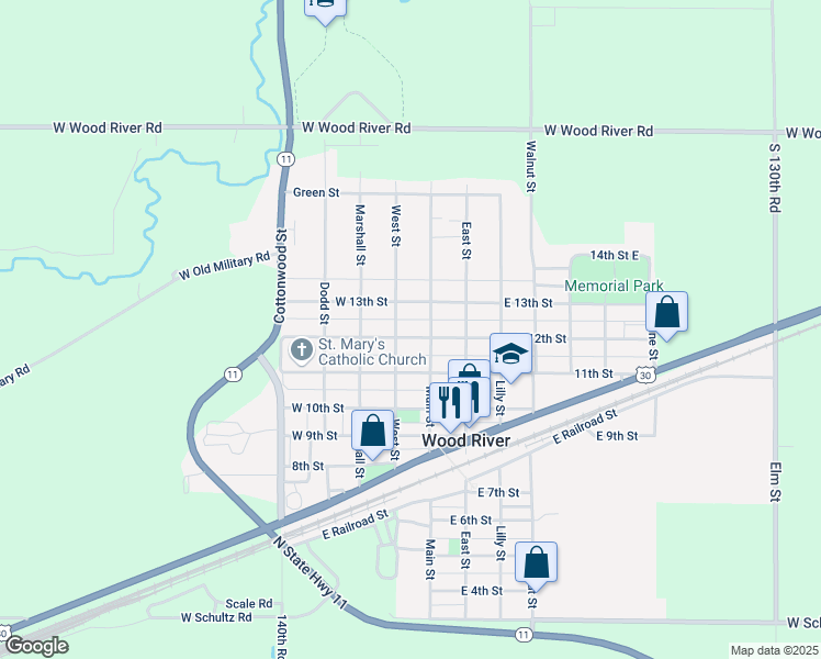 map of restaurants, bars, coffee shops, grocery stores, and more near 1201-1249 West St in Wood River
