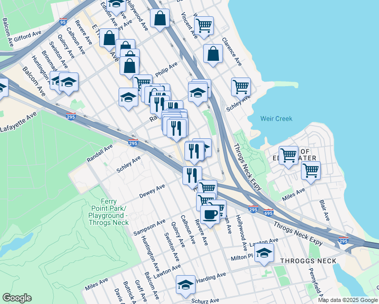 map of restaurants, bars, coffee shops, grocery stores, and more near 545 Edison Avenue in The Bronx