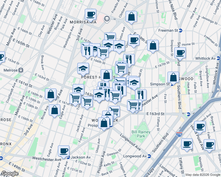 map of restaurants, bars, coffee shops, grocery stores, and more near 1000 Tinton Avenue in Bronx