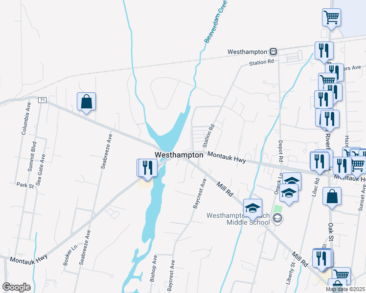 map of restaurants, bars, coffee shops, grocery stores, and more near 5 Beaver Lake Court in Westhampton