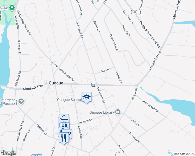 map of restaurants, bars, coffee shops, grocery stores, and more near 68 Old Depot Road in Westhampton Beach