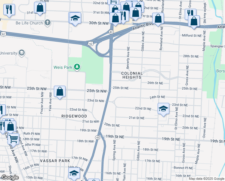 map of restaurants, bars, coffee shops, grocery stores, and more near 2424 Market Avenue North in Canton