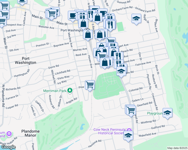 map of restaurants, bars, coffee shops, grocery stores, and more near 99 Haven Avenue in Port Washington