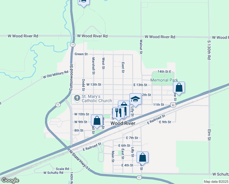 map of restaurants, bars, coffee shops, grocery stores, and more near 1201-1249 Main St in Wood River