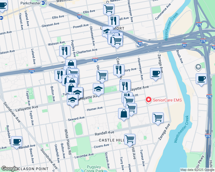 map of restaurants, bars, coffee shops, grocery stores, and more near 2135 Turnbull Avenue in Bronx