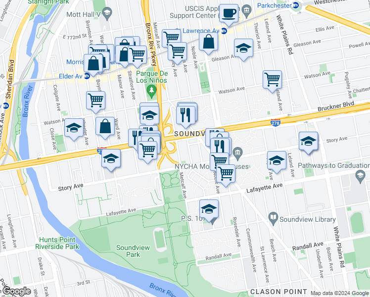map of restaurants, bars, coffee shops, grocery stores, and more near 945 Fteley Avenue in Bronx