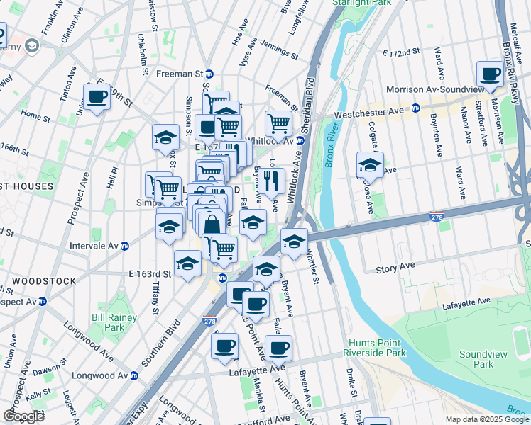 map of restaurants, bars, coffee shops, grocery stores, and more near 1020 Bryant Avenue in Bronx