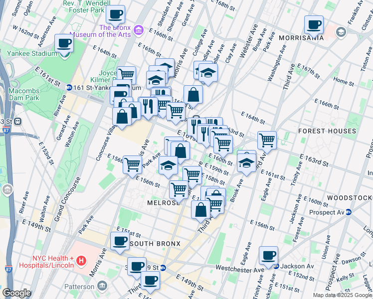 map of restaurants, bars, coffee shops, grocery stores, and more near 361 East 160th Street in Bronx