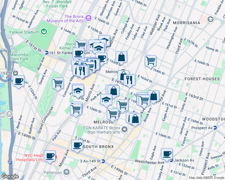 map of restaurants, bars, coffee shops, grocery stores, and more near 3140 Park Avenue in The Bronx