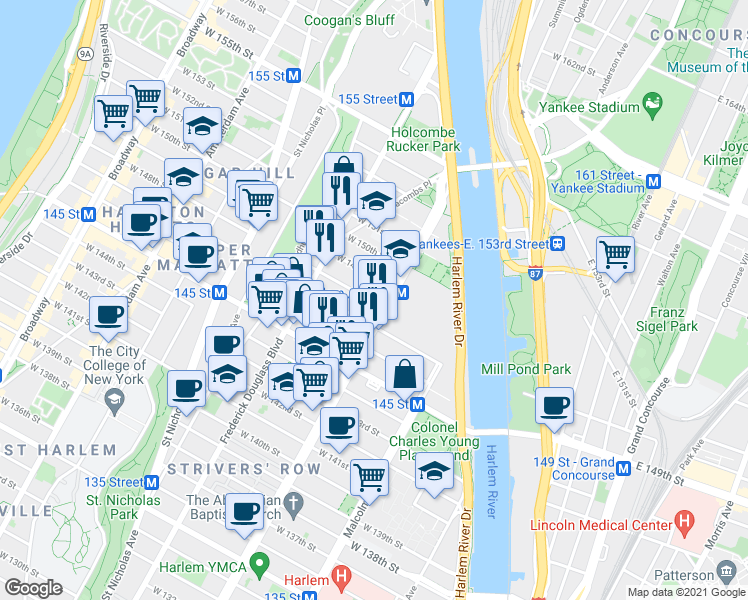 map of restaurants, bars, coffee shops, grocery stores, and more near 2566 Adam Clayton Powell Junior Boulevard in New York