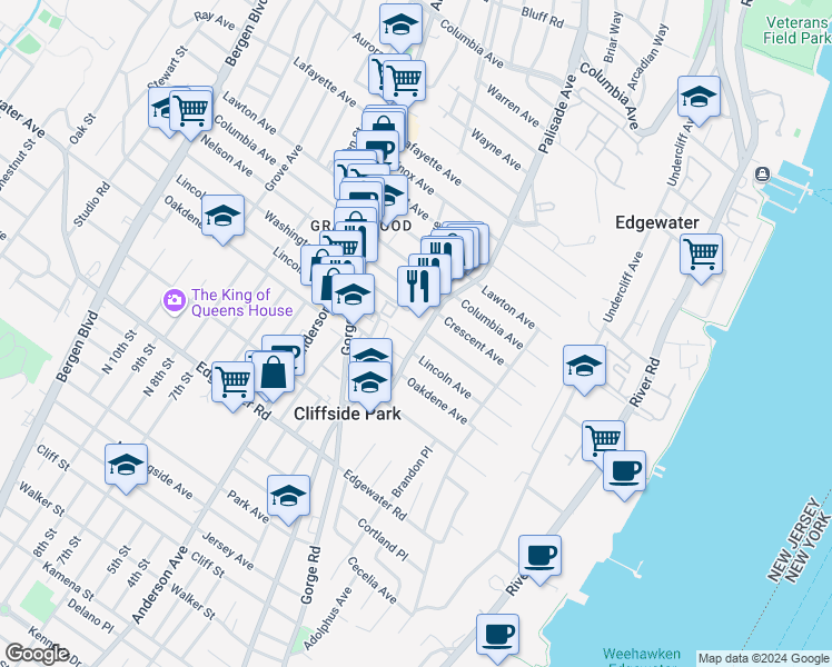 map of restaurants, bars, coffee shops, grocery stores, and more near 632 Palisade Avenue in Cliffside Park