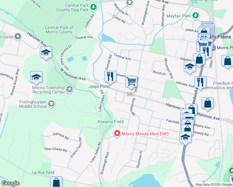 map of restaurants, bars, coffee shops, grocery stores, and more near 118 West Hanover Avenue in Morris Plains