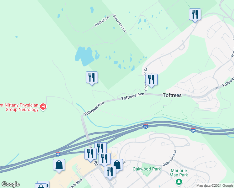 map of restaurants, bars, coffee shops, grocery stores, and more near 343-419 Toftrees Avenue in State College