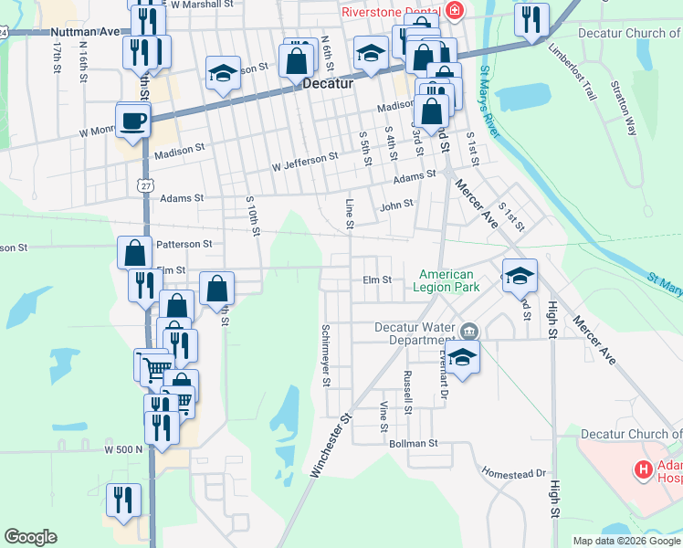 map of restaurants, bars, coffee shops, grocery stores, and more near 709 Elm St in Decatur