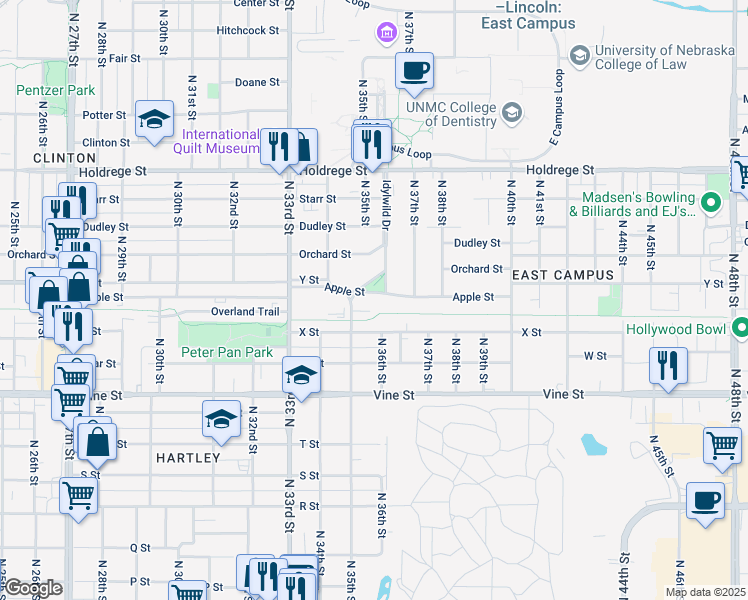 map of restaurants, bars, coffee shops, grocery stores, and more near 3541 Apple Street in Lincoln