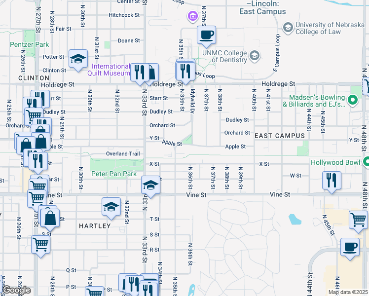 map of restaurants, bars, coffee shops, grocery stores, and more near 3541 Apple Street in Lincoln