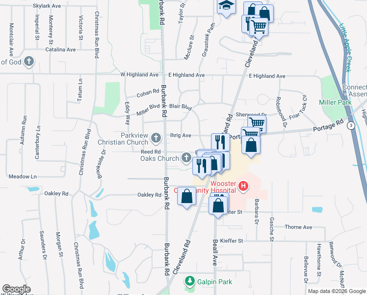 map of restaurants, bars, coffee shops, grocery stores, and more near 240 Elm Drive in Wooster