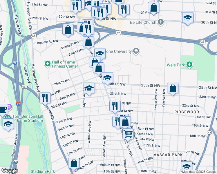 map of restaurants, bars, coffee shops, grocery stores, and more near 2400 Cleveland Avenue Northwest in Canton