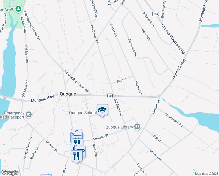 map of restaurants, bars, coffee shops, grocery stores, and more near 68 Old Depot Road in Westhampton Beach