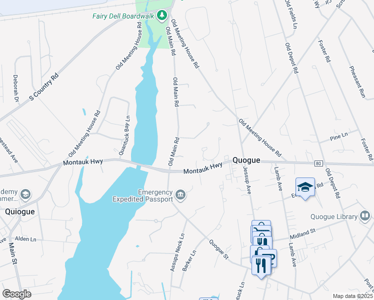 map of restaurants, bars, coffee shops, grocery stores, and more near 52 Old Main Road in Quogue