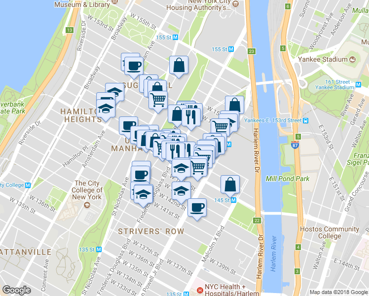 map of restaurants, bars, coffee shops, grocery stores, and more near 2764 Frederick Douglass Boulevard in New York