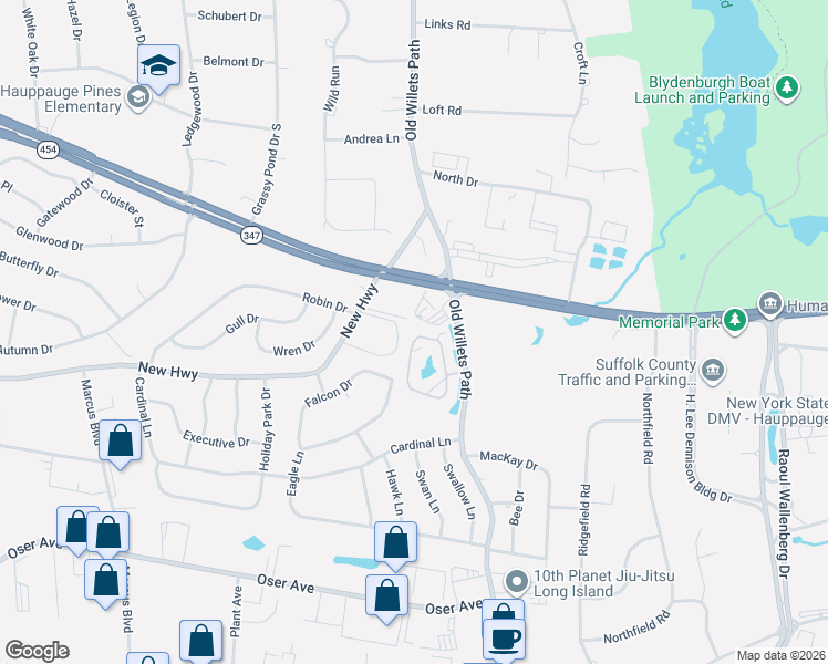 map of restaurants, bars, coffee shops, grocery stores, and more near 46 Kristin Lane in Hauppauge