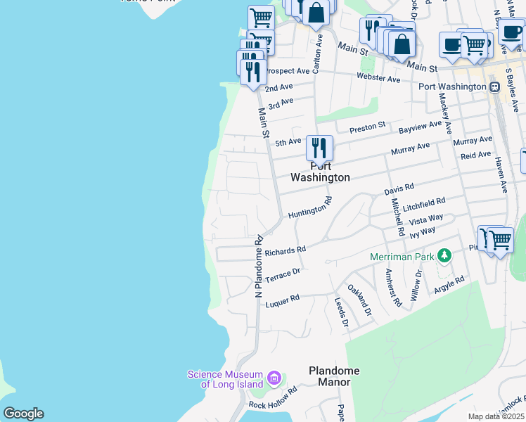 map of restaurants, bars, coffee shops, grocery stores, and more near 21 North Plandome Road in Port Washington