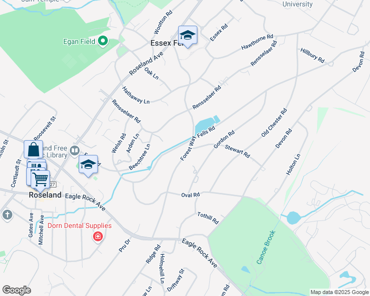 map of restaurants, bars, coffee shops, grocery stores, and more near 112 Forest Way in Essex Fells