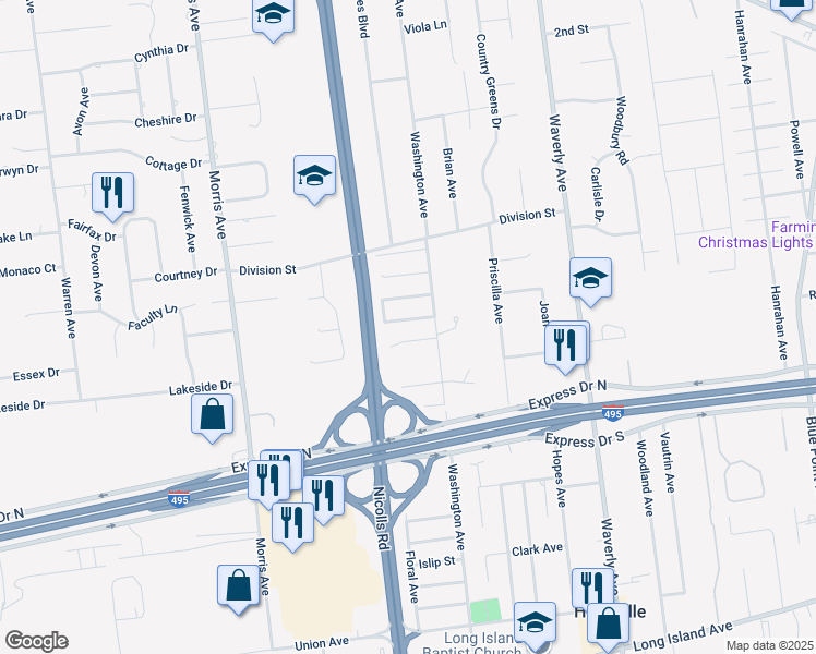 map of restaurants, bars, coffee shops, grocery stores, and more near 8 Merrick Street in Holtsville