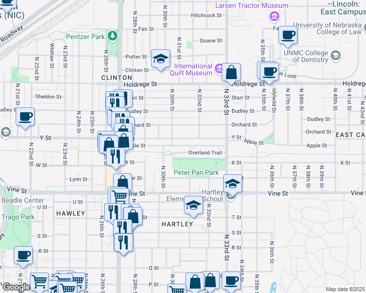map of restaurants, bars, coffee shops, grocery stores, and more near 3029 Apple Street in Lincoln