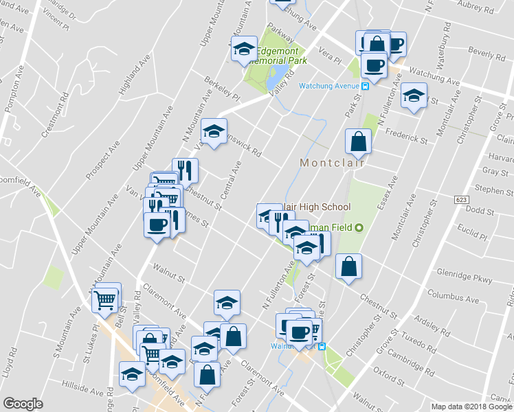 map of restaurants, bars, coffee shops, grocery stores, and more near 159 Midland Avenue in Montclair