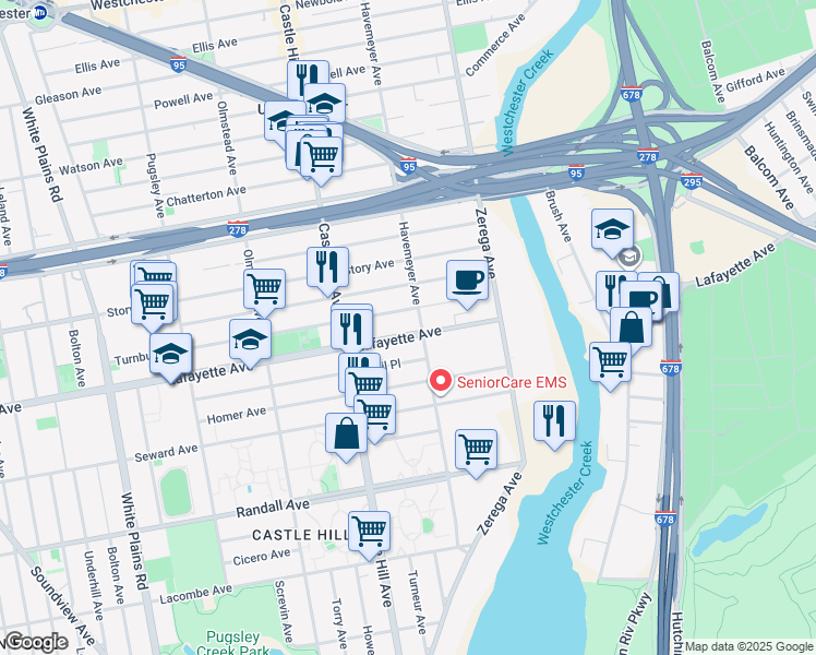 map of restaurants, bars, coffee shops, grocery stores, and more near 2265 Lafayette Avenue in Bronx