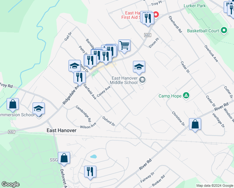map of restaurants, bars, coffee shops, grocery stores, and more near 52 McKinley Avenue in East Hanover