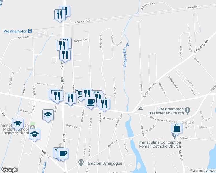 map of restaurants, bars, coffee shops, grocery stores, and more near 12 Bridle Path in Westhampton Beach