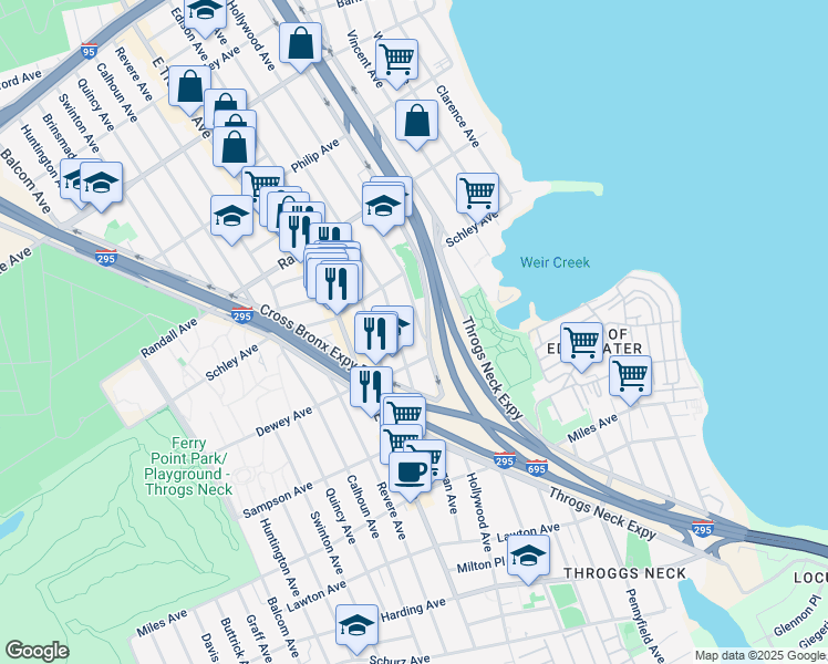 map of restaurants, bars, coffee shops, grocery stores, and more near 529 Hollywood Avenue in Bronx