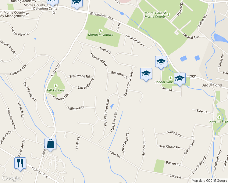 map of restaurants, bars, coffee shops, grocery stores, and more near 26 Walt Whitman Trail in Morristown