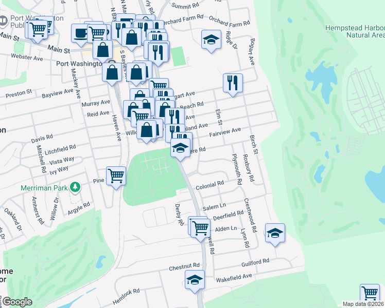 map of restaurants, bars, coffee shops, grocery stores, and more near 4 Revere Road in Port Washington