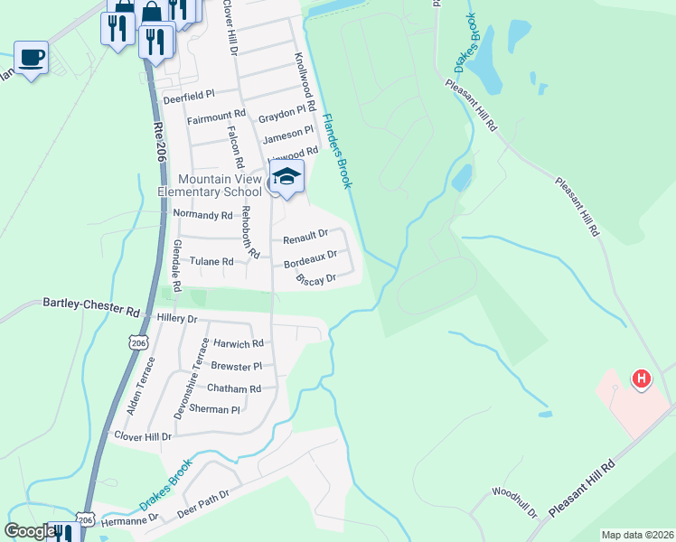 map of restaurants, bars, coffee shops, grocery stores, and more near 52 Biscay Drive in Mount Olive