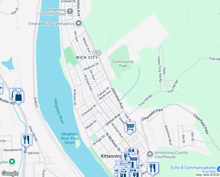 map of restaurants, bars, coffee shops, grocery stores, and more near 451 North Avenue in Kittanning
