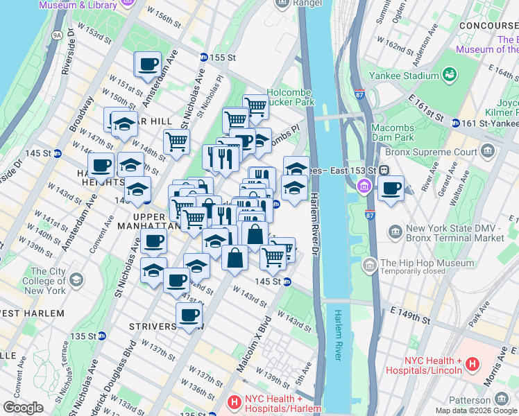 map of restaurants, bars, coffee shops, grocery stores, and more near 201 West 148th Street in New York