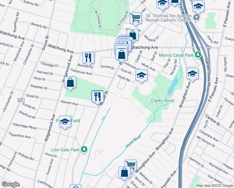 map of restaurants, bars, coffee shops, grocery stores, and more near 14 Brookdale Gardens in Bloomfield