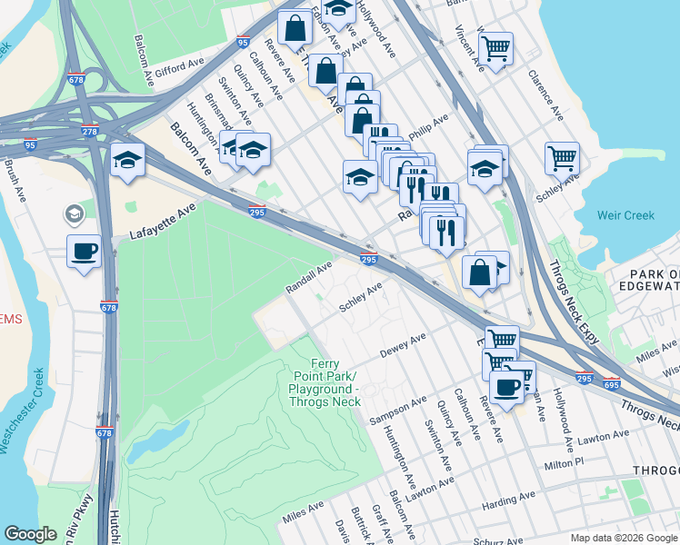map of restaurants, bars, coffee shops, grocery stores, and more near 2798 Randall Avenue in Bronx