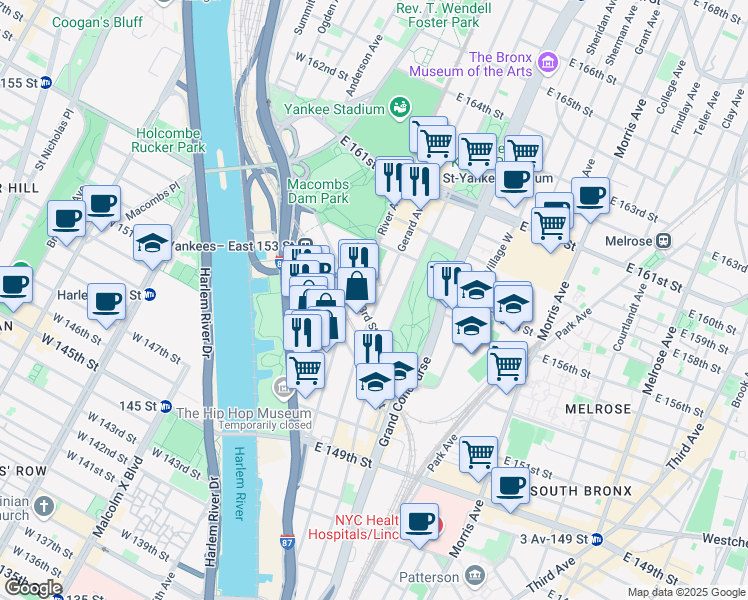 map of restaurants, bars, coffee shops, grocery stores, and more near 691 Gerard Avenue in The Bronx