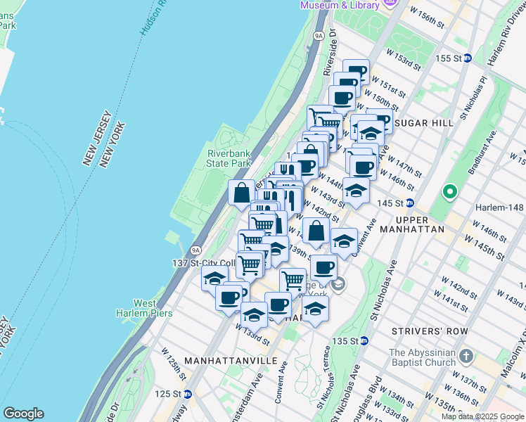 map of restaurants, bars, coffee shops, grocery stores, and more near 619 West 140th Street in New York