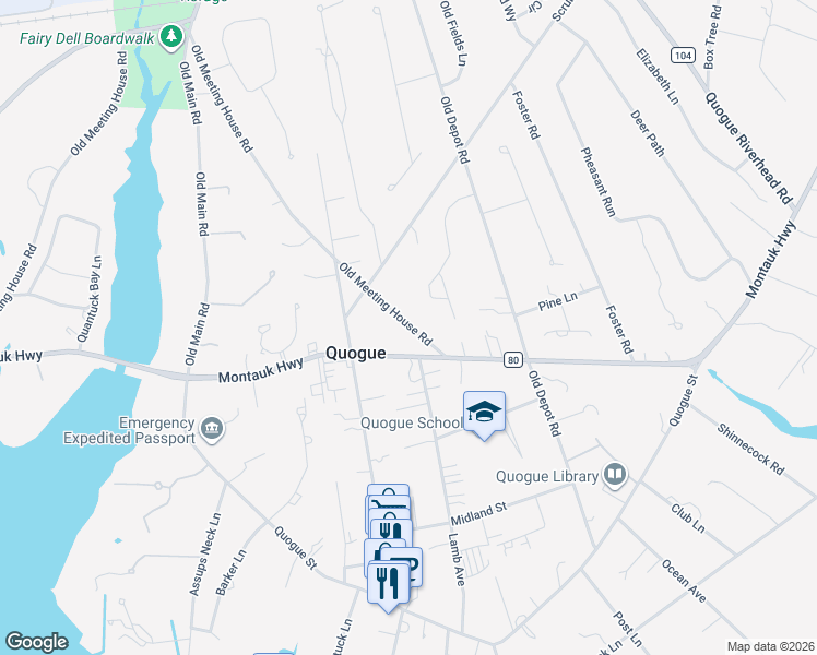map of restaurants, bars, coffee shops, grocery stores, and more near 52 Old Meeting House Road in Quogue