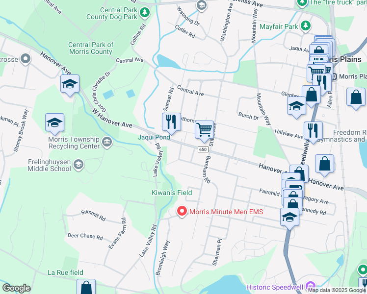 map of restaurants, bars, coffee shops, grocery stores, and more near 118 W Hanover Ave in Morris Plains