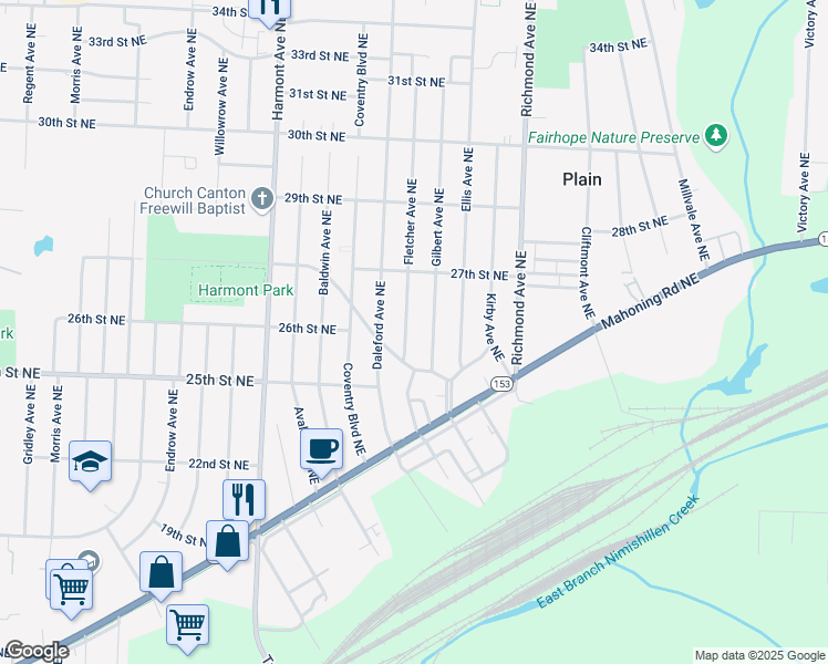 map of restaurants, bars, coffee shops, grocery stores, and more near 2554 Fletcher Avenue Northeast in Canton