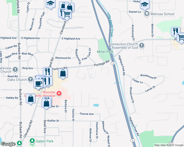 map of restaurants, bars, coffee shops, grocery stores, and more near 939 Portage Road in Wooster