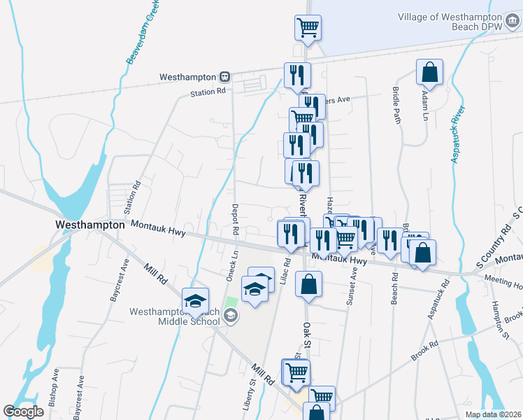 map of restaurants, bars, coffee shops, grocery stores, and more near 57 Brittany Lane in Westhampton Beach